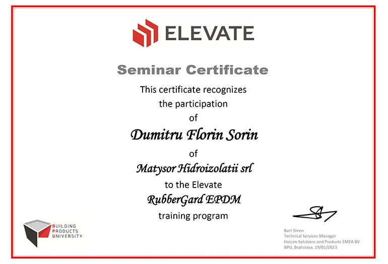 Hidroizolații Matysor - contractor și montator licențiat Holcim Elevate EPDM Firestone